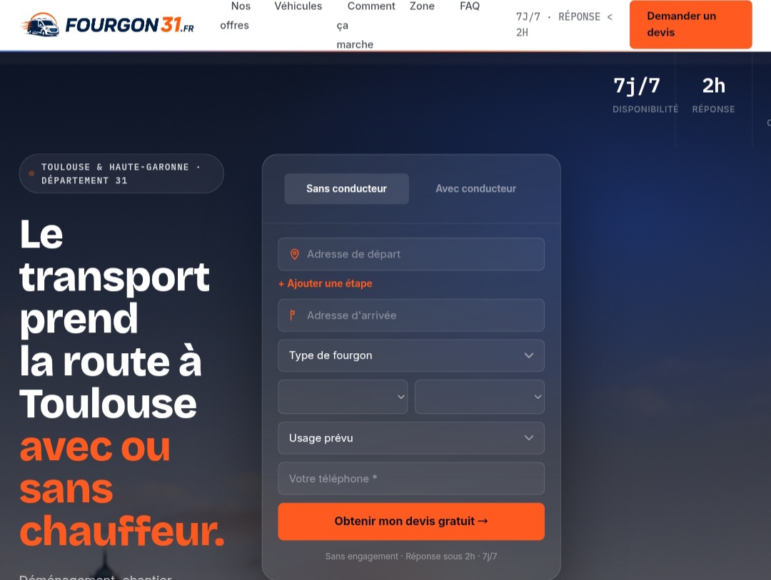 Capture d'écran de Fourgon31.fr, site de location de fourgon à Toulouse